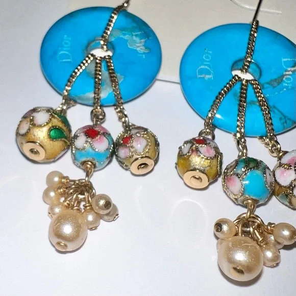 AUTH VTG 2006 Christian Dior Gold Hook Drop Dangle Blue Gemstone Boho Earrings - Picture 8 of 11